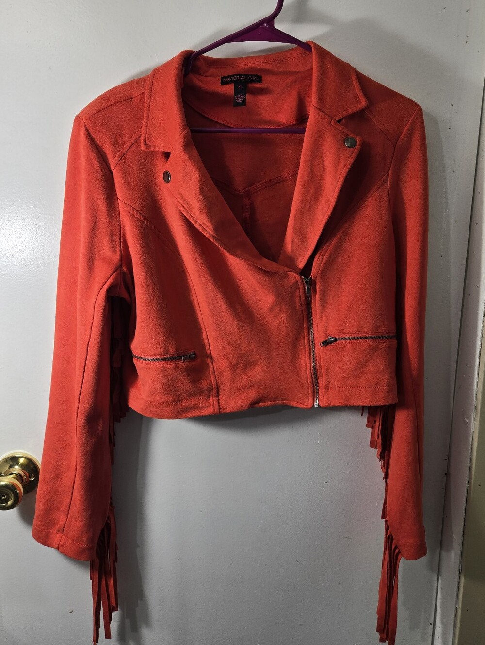 Material Girl Orange Suede Fringe Moto Biker Western Festival Edge Jacket SZ XL